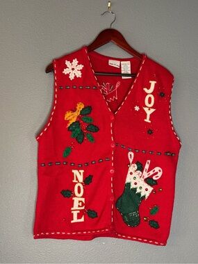 Bobbie Brooks Christmas Sweater Vest Womens XL Red Noel Joy Holiday Appliqués